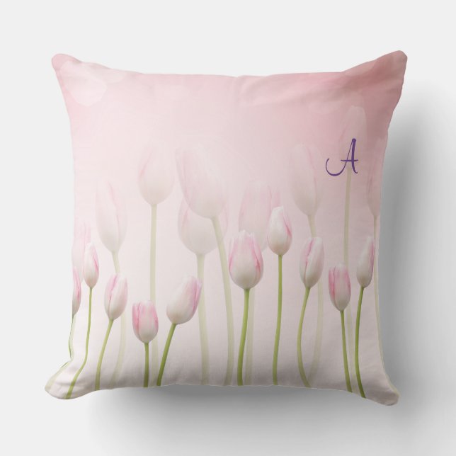 Elegant Pink Tulips Spring Vibe Monogram Pillow (Front)