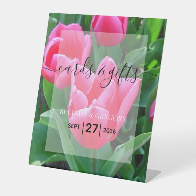 Elegant Pink Tulips Wedding Cards & Gifts Pedestal Sign (Front)
