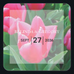 Elegant Pink Tulips Wedding  Square Sticker<br><div class="desc">This design features elegant pink tulips in its natural greenery. A beautiful field of pink tulips is used for the background. The wording is elegantly framed with a simple white opaque border background. This is the perfect floral wedding design ideal for any wedding theme. Elegant and romantic tulip flowers wedding...</div>