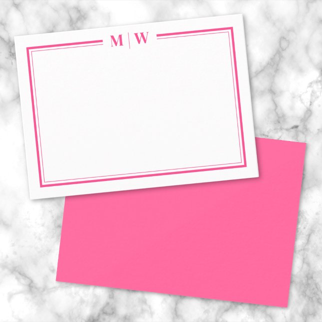 Elegant Pink Two Border Minimalist Monogram Card (Hot Pink Two Border Name Monogram Note Card)