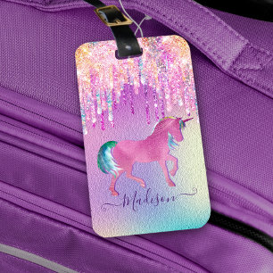 Elegant pink unicorn dripping glitter monogram luggage tag