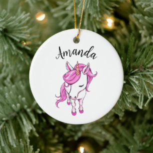 Elegant Pink Unicorn Girl Name Ceramic Tree Decoration