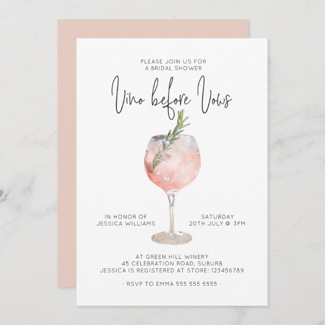 Elegant Pink Vino Before Vows Bridal Shower Invitation (Front/Back)