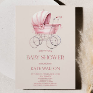 Elegant Pink Vintage Baby Carriage Baby Shower Invitation