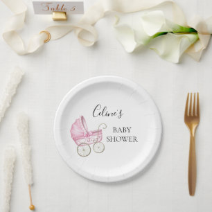 Elegant Pink Vintage Baby Carriage baby shower Paper Plate