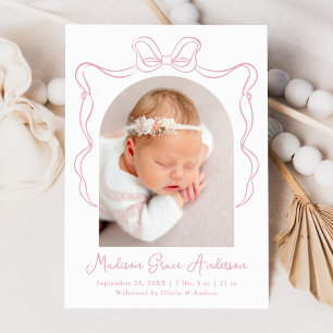 Elegant Pink Vintage Bow Photo Birth Announcement