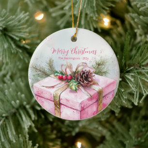 Elegant Pink Vintage Christmas Round Ceramic Tree Decoration