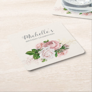 Elegant Pink Vintage Floral Birthday Party Square Paper Coaster