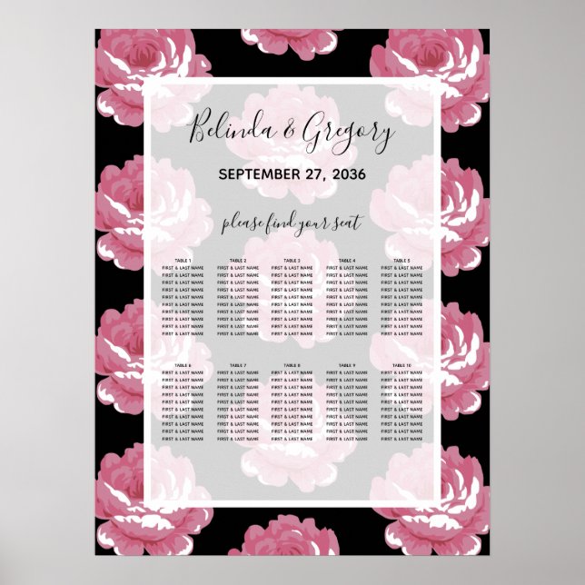 Elegant Pink Vintage Roses Wedding Seating Chart (Front)