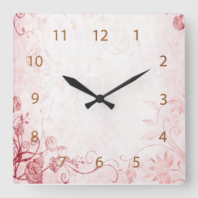 Elegant Pink Vintage Square Wall Clock (Front)