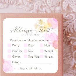 Elegant Pink Watercolor Allergy Alert Square Sticker