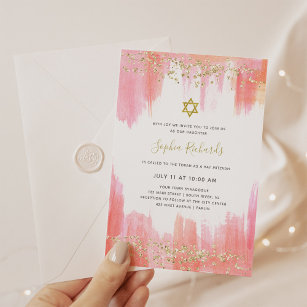 Elegant Pink Watercolor and Gold   Bat Mitzvah Invitation
