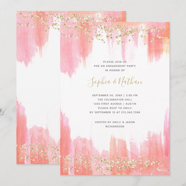 Elegant Pink Watercolor and Gold Engagement Party Invitation (Front/Back)