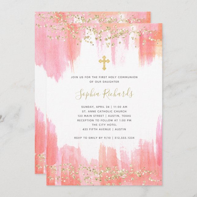 Elegant Pink Watercolor and Gold | First Communion Invitation (Front/Back)