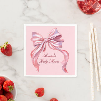 Elegant Pink Watercolor Bow Girl Baby Shower Napkin