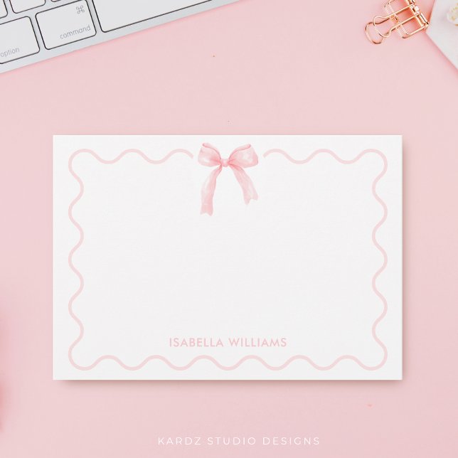 Elegant Pink Watercolor Bow Personalised Note Card (Flat note card is shown in 3.5 x 5 inches. Add name, choose size and corner style.)