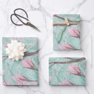 Elegant Pink Watercolor Cherry Blossoms On Agate Wrapping Paper Sheet