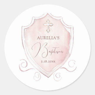 Elegant Pink Watercolor Crest Baptism Classic Round Sticker