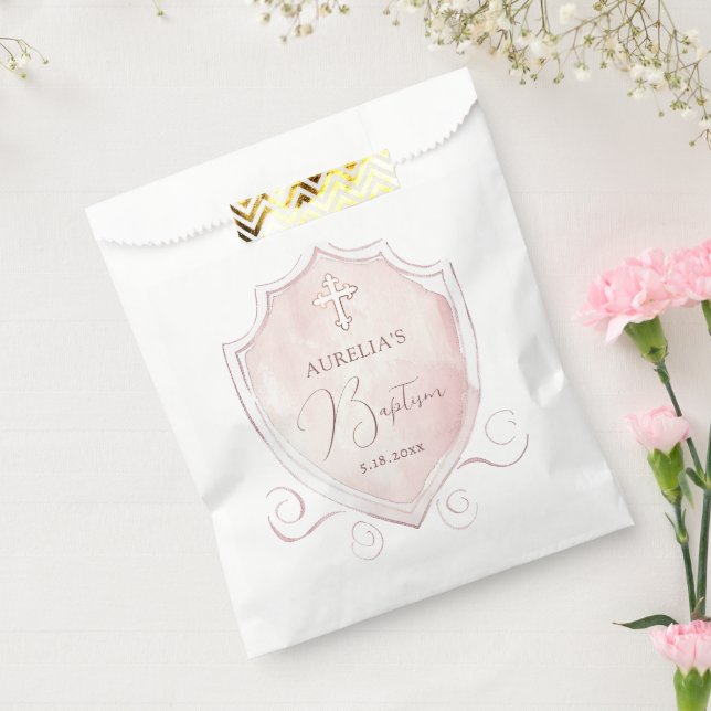 Elegant Pink Watercolor Crest Baptism Favour Bags (Sealed)