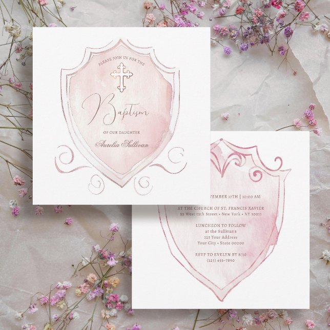 Elegant Pink Watercolor Crest Baptism Invitation (Creator Uploaded)