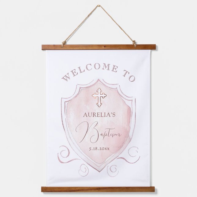Elegant Pink Watercolor Crest Baptism Welcome Hanging Tapestry (Front)
