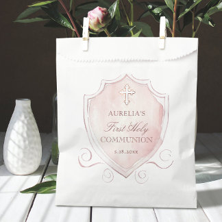 Elegant Pink Watercolor Crest First Communion Favour Bags