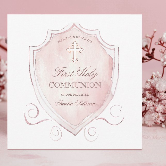 Elegant Pink Watercolor Crest First Communion Invitation (Creator Uploaded)