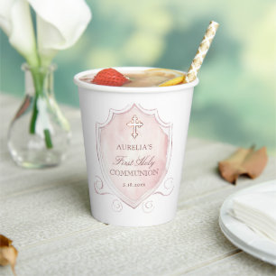 Elegant Pink Watercolor Crest First Communion Paper Cups