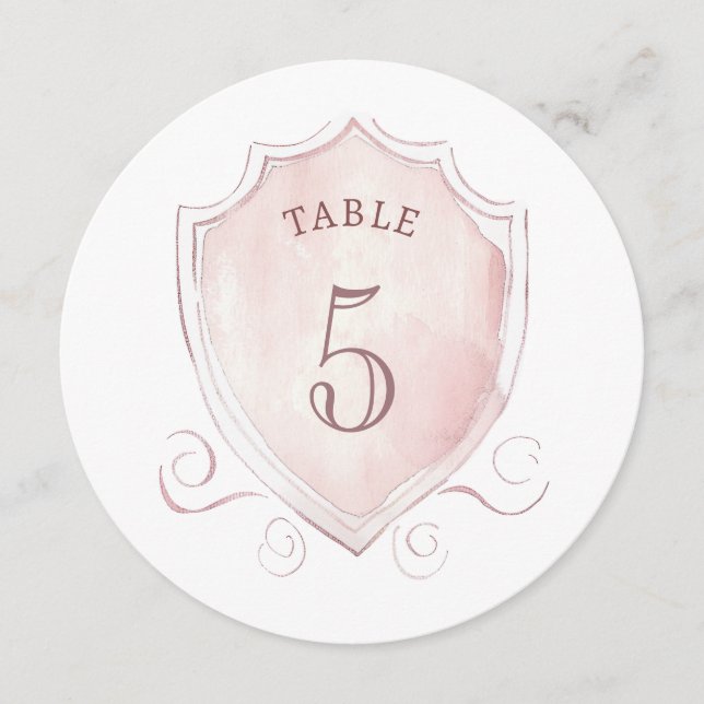Elegant Pink Watercolor Crest Round Table Number (Front)
