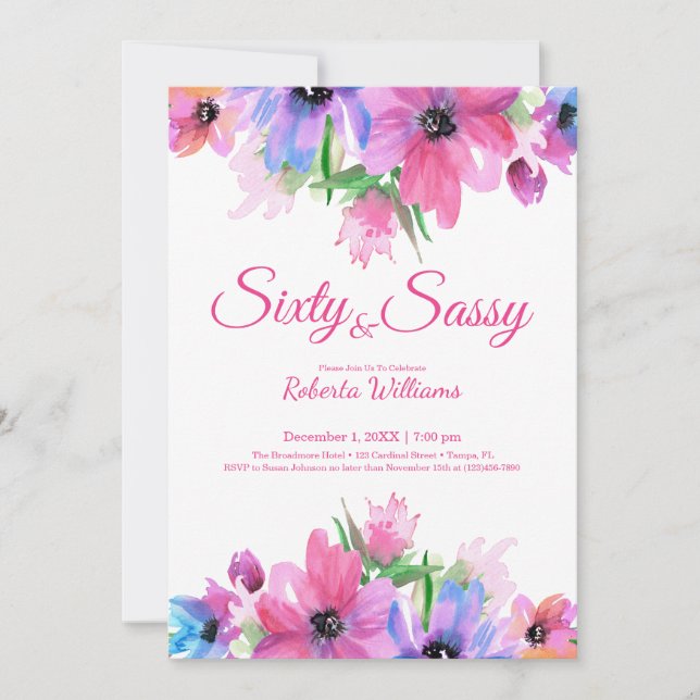 Elegant Pink Watercolor Floral 60th Birthday Invitation (Front)