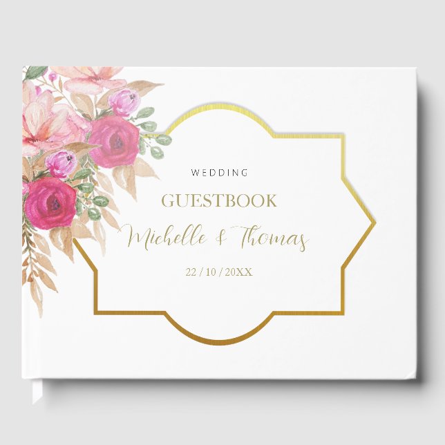 Elegant Pink Watercolor Floral Arrangement  Guest Book (Front)