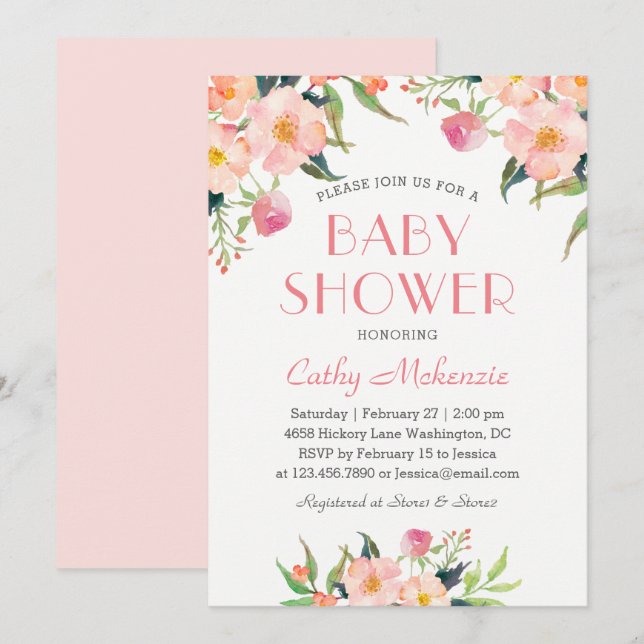 Elegant Pink Watercolor Floral Baby Shower Invitation (Front/Back)