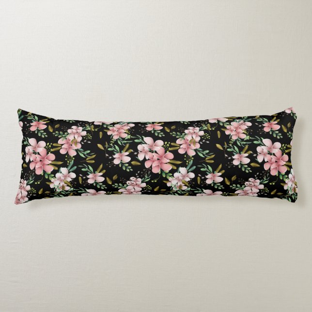 Elegant Pink Watercolor Floral Black Botanical Body Cushion (Front)