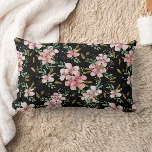 Elegant Pink Watercolor Floral Black Botanical Lumbar Cushion