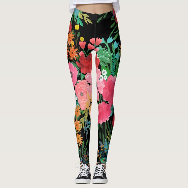 Elegant Pink watercolor Floral Bouquet Design Leggings (Front)