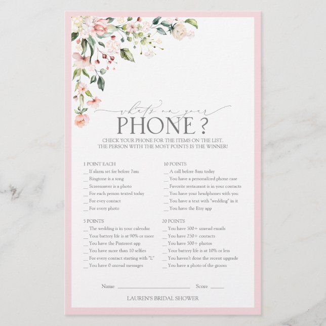 Elegant Pink Watercolor Floral Bridal Shower Game (Front)