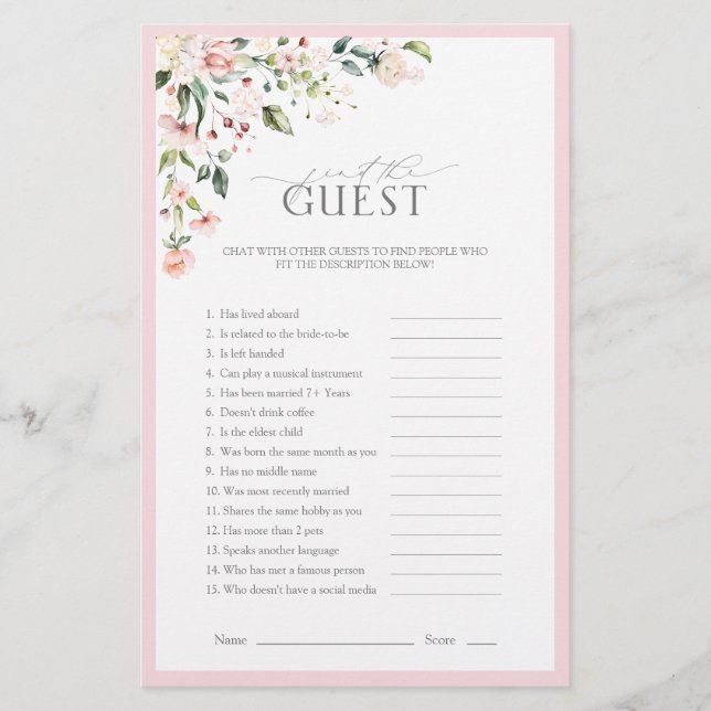 Elegant Pink Watercolor Floral Bridal Shower Game (Front)