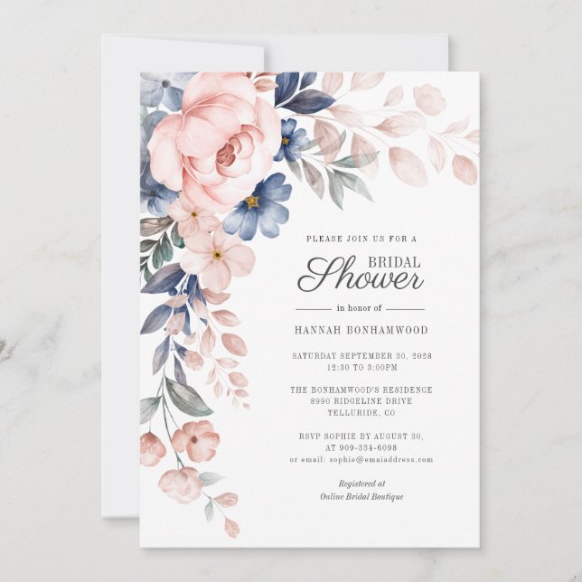 Elegant Pink Watercolor Floral Bridal Shower Invitation (Front)