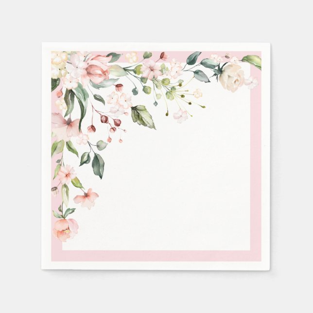 Elegant Pink Watercolor Floral Bridal Shower Napkin (Front)