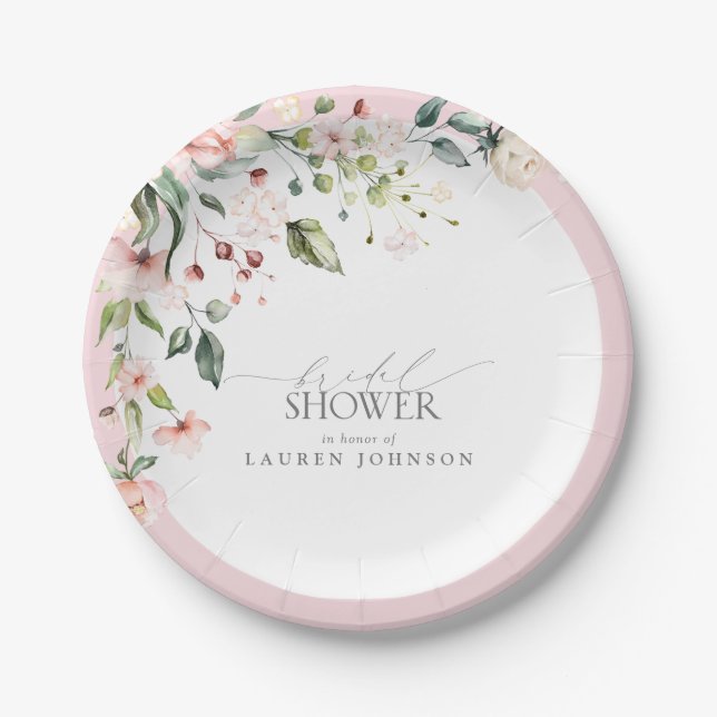 Elegant Pink Watercolor Floral Bridal Shower Paper Plate (Front)