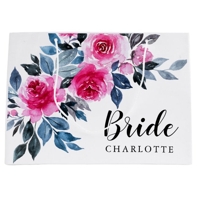 Elegant Pink Watercolor Floral Bride Large Gift Bag (Front)