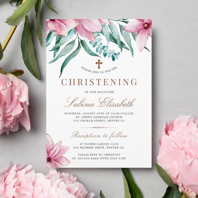 Elegant pink watercolor floral christening invitation (Creator Uploaded)