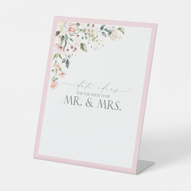 Elegant Pink Watercolor Floral Date Ideas Pedestal Sign (Front)