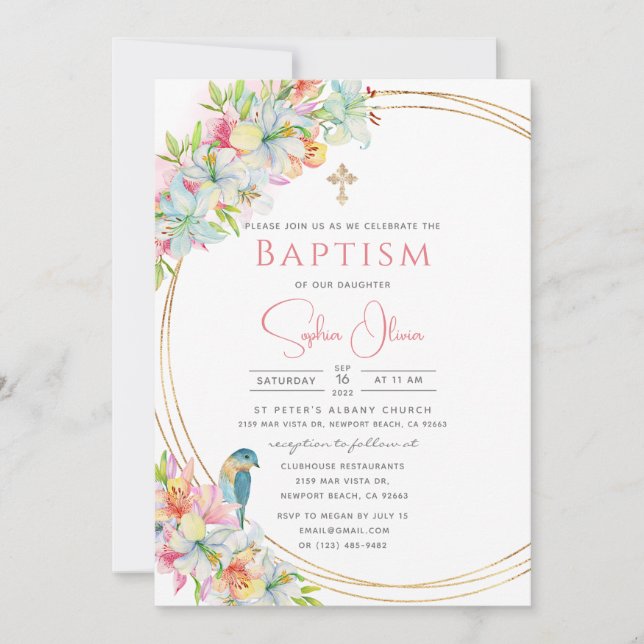 Elegant Pink Watercolor Floral Girl Baptism Invitation (Front)