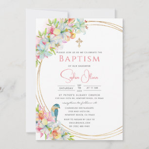 Elegant Pink Watercolor Floral Girl Baptism Invitation