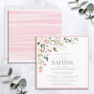 Elegant Pink Watercolor Floral Girl Baptism Invitation