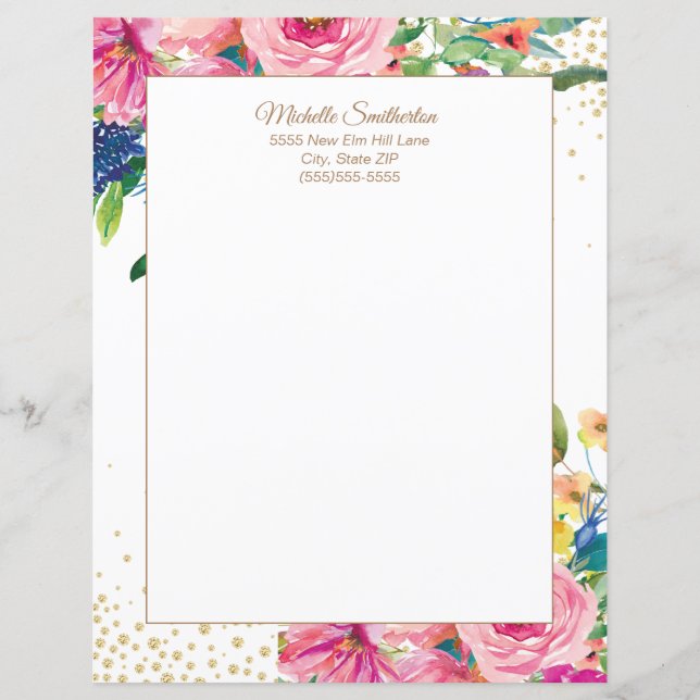 Elegant Pink Watercolor Floral Glitter Letterhead (Front)