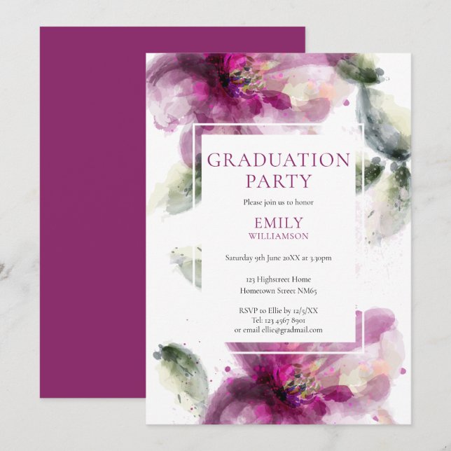 Elegant Pink Watercolor Floral Graduation Party Invitation (Front/Back)