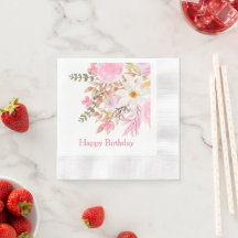 Elegant Pink Watercolor Floral Happy Birthday