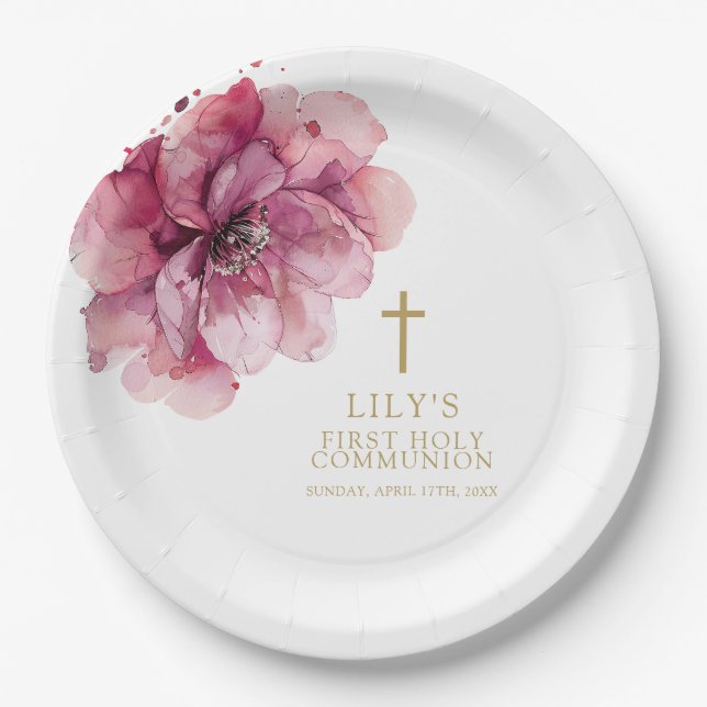 Elegant Pink Watercolor Floral Holy Communion Paper Plate (Front)